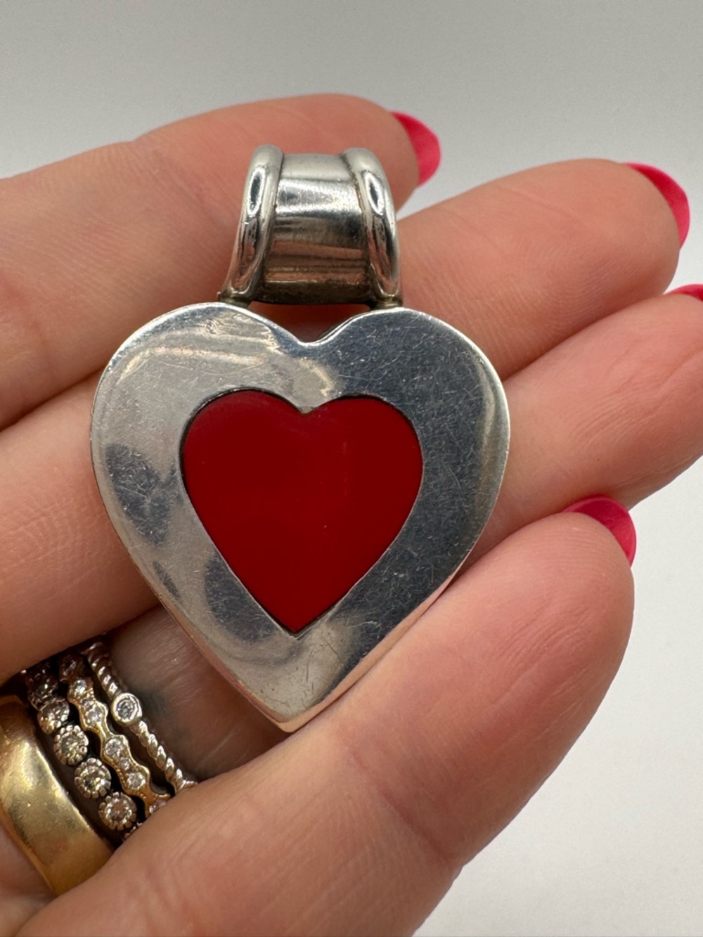 Silver Heart Pendant with Red Inlay